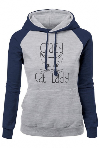 Crazy Cat Lady Letter Printed Long Sleeve Color Block Pullover Drawstring Hoodie