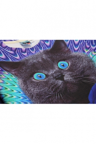 Creative Fashion Cartoon Cat 3D Printed Round Neck Long Sleeve Purple Pullover Sweatshirt