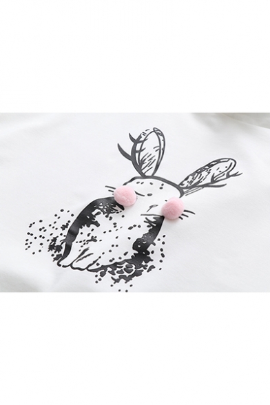 Cute Rabbit Print Stripe Half Sleeves Pullover Loose Hoodie