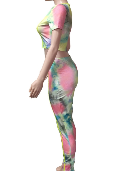 Fashion Colorful Tie Dye Short Sleeve Crop Tee with Skinny Fit Pants Two-Piece Set