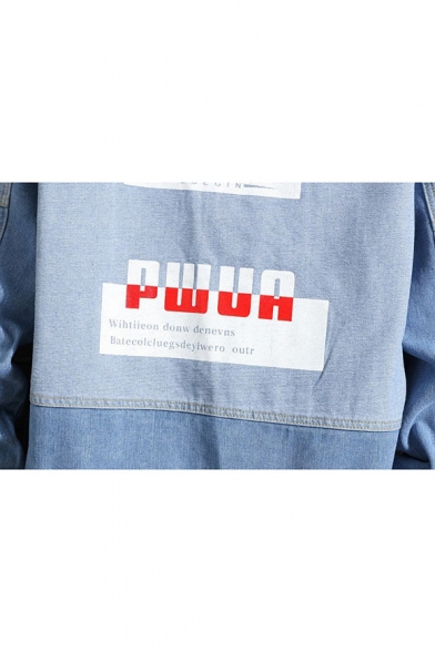 Fashion Letter PWUA Print Long Sleeve Pockets Casual Light Blue Denim Jacket for Guys