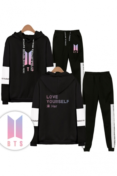 Fashion Letters LOVE YOURSELF Print Patterns BTS Idol Theme Long Sleeve Hoodie with Elastic Sweatpants Two Piece Set
