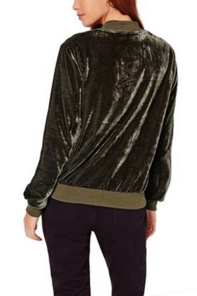 Fashion Solid Color Stand Collar Long Sleeve True Velvet Zipper Short Jacket Coat