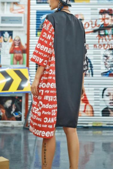 Fashion Street Style Round Neck Half Sleeve Letter Character Print Panelled Asymmetrical Midi Shift T-Shirt Dress
