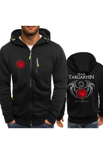Fire and Blood Dragon Logo Printed Long Sleeve Regular Fitted Zip Up Hoodie