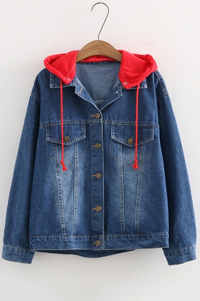 Funny Letter YOUR PLANET IS NEXT STAGE Patched Hooded Button Down Denim Jacket Coat