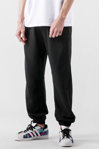 Guys New Fashion Simple Plain Drawstring Waist Elastic Cuffs Loose Fit Casual Sports Cotton Sweatpants