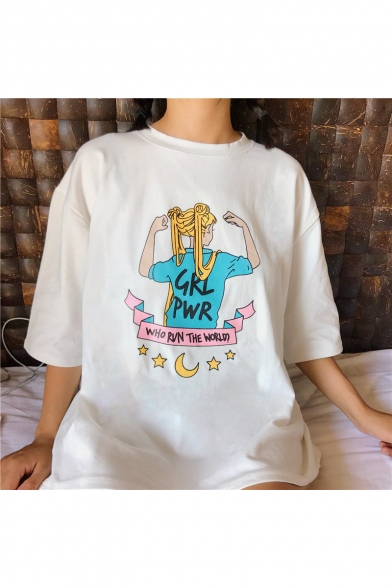 Hot Fashion WHO RUN THE WORLD Letter Sailor Moon Printed Comic Round Neck Short Sleeve White Tee