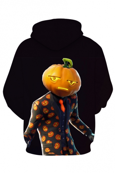 Hot Popular Game Theme Figure Pumpkin 3D Printed Long Sleeve Black Loose Drawstring Hoodie