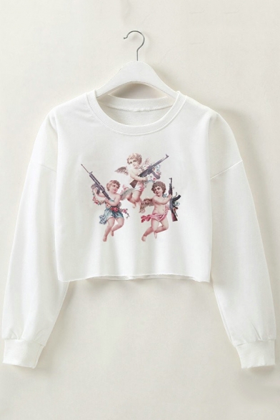 Hot Popular Long Sleeve Round Neck Cartoon Angel Baby Printed Pullover Cropped Sweatshirt