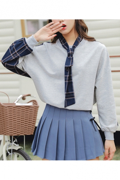 Hot Popular Tied Collar Round Neck Long Sleeve Check Print Patchwork Pullover Sweatshirt