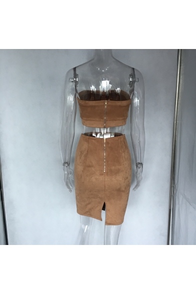 Ladies New Khaki Plain Bandage Sleeveless Strapless Bandeau Top with Mini Skirt Co-ords