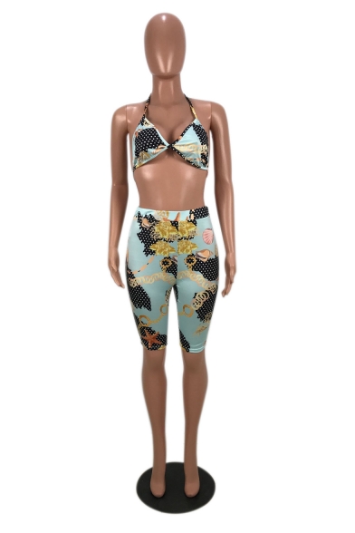 Ladies Sexy Chains Print Halter V Neck Crop Cami with High-Waist Slim Bermuda Shorts Two-Piece Set