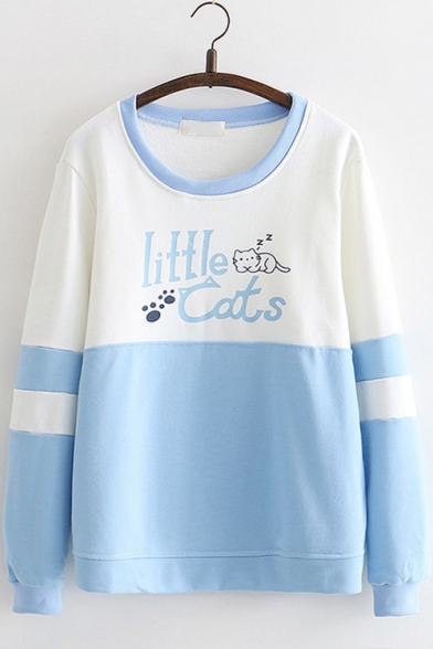 Little Cats Letter Cute Cat Printed Color Block Patchwork Striped Round Neck Long Sleeve Cotton Sweatshirt