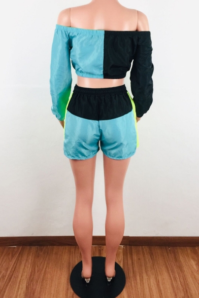 Long Sleeve Off Shoulder Cropped Tee with Drawstring Waist Shorts Colorblock Patch Sport Two-Piece Set for Girls