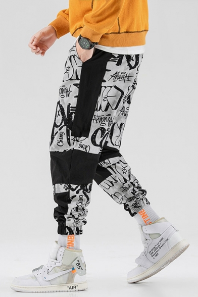 Men's Cool Fashion Colorblock Letter All-Over Printed Drawstring Waist Trendy Loose Track Pants