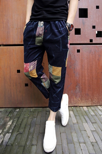 Men's Fashion Retro Printed Patched Drawstring Waist Navy Linen Casual Pants