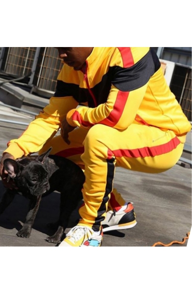 Men's Hot Fashion Colorblock Patched Long Sleeve Stand Collar Zip Up Hoodie Sports Sweatpants Yellow Casual Two-Piece Set