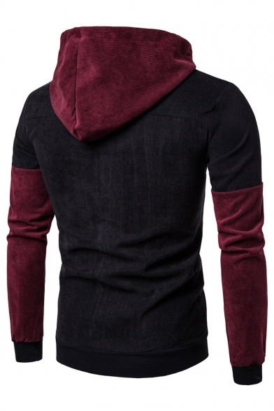 Men's New Fashion Colorblock Corduroy Patched Drawstring Hooded Long Sleeve Casual Warming Pullover Hoodie