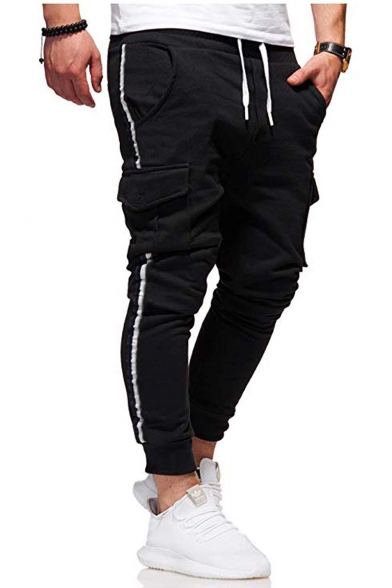 Men's New Fashion Contrast Stripe Side Flap Pocket Design Black Drawstring Waist Cargo Sweatpants Pencil Pants