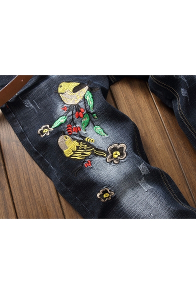 Men's Popular Fashion Floral Bird Embroidered Dark Washed Denim Jeans