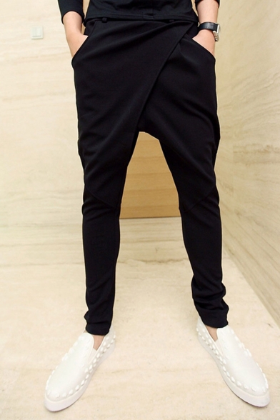 Men's Simple Fashion Solid Color Patched Black Casual Low Crotch Cotton Harem Pants