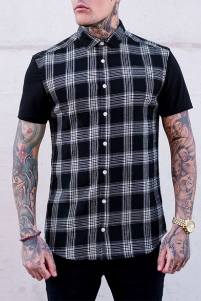 Mens Hot Popular Short Sleeve Single Breasted Check Printed Classic Fitted Shirt