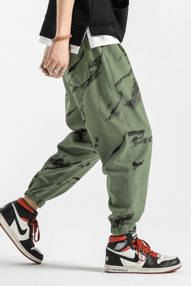 Mens New Stylish Unique Printed Loose Fit Drawstring Waist Cotton Tapered Pants