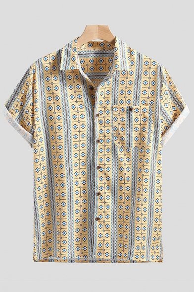 Mens Summer Trendy Geometric Printed Short Sleeve Lapel Collar Loose Shirt