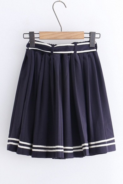 Navy Elastic Waist Bow Tie Striped Trim Emblem Embroidered Mini Pleated A-Line Skirt