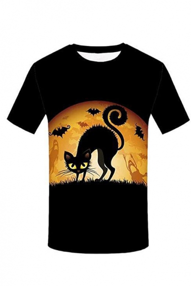 New Arrival Black Short Sleeve Round Neck Bat Cat Moon Printed Funny Tee