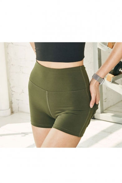 New Arrival Simple Plain High Waist Pocket Detail Shaped Stretch Peach Hip Sport Shorts