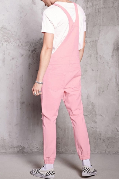 New Arrival Stylish Slim Fitted Pink Ripped Jeans Trendy Bib Overalls for Guys