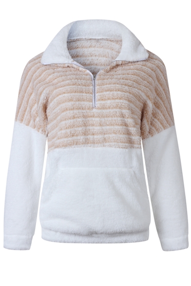 New Fashion Color Block Half-Zip Stand Collar Long Sleeve Plain Fluffy Teddy Sweatshirt With Pocket