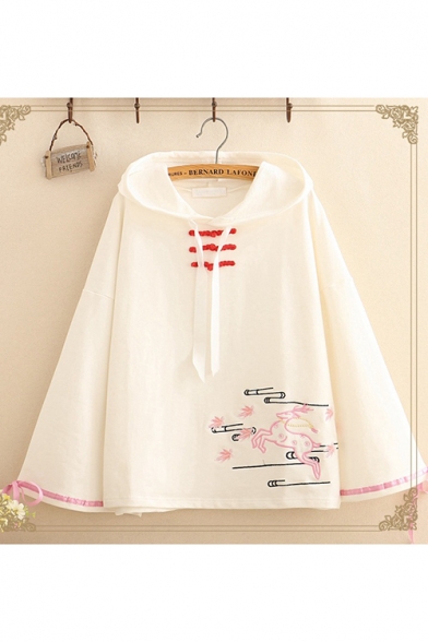 New Fashion Deer Embroidered Frog Button Front Long Sleeve Loose Drawstring Hoodie
