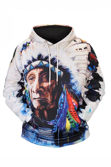 New Fashion Indian Character 3D Printed Long Sleeve Loose Fit White Hoodie
