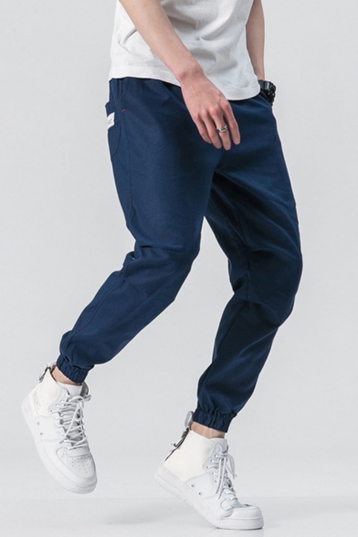 New Fashion Simple Plain Drawstring Waist Elastic Cuffs Men's Linen Casual Pants