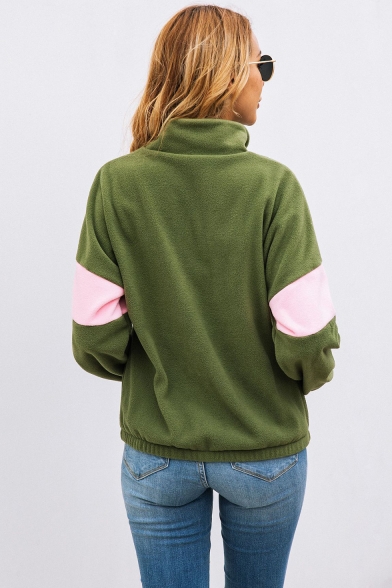 New Fashion Zippered Stand Collar Long Sleeves Color Block Fluffy Teddy Sweatshirt