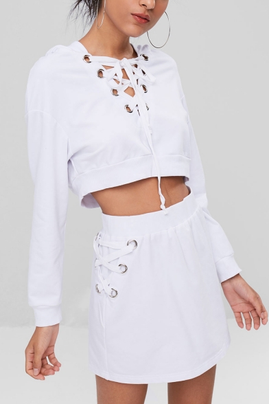 New Ladies White Plain Tie-Neck Hoodie Long Sleeve Midriff Tops with Skorts Two Piece Set