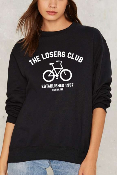 New Leisure THE LOSERS CLUB Letter Bike Printed Round Neck Long Sleeve Graphic Sweatshirt