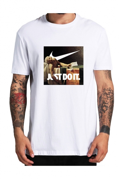 New Popular Letter JUST DO IT Figure Printed Round Neck Short Sleeve White T-Shirt