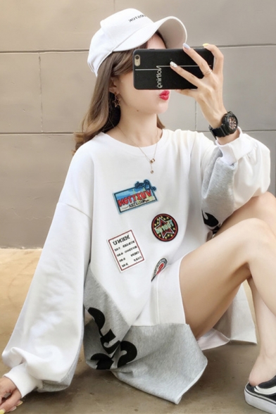 New Stylish Letter Embroidered Printed Patchwork Color Block Round Neck High Low Long Sleeve Loose Pullover Sweatshirt