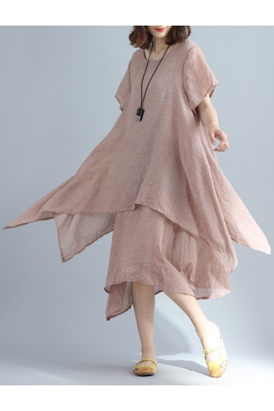 New Stylish Plain Round Neck Short Sleeve Layered Fake Two-Piece Maxi Linen Dress