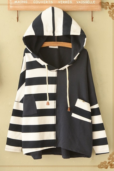New Stylish Stripe Print Patchwork Long Sleeve Loose Fit Pullover Hoodie