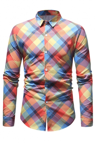 New Trendy Colorful Geometric Pattern Long Sleeve Button-Up Slim Fit Shirt for Men