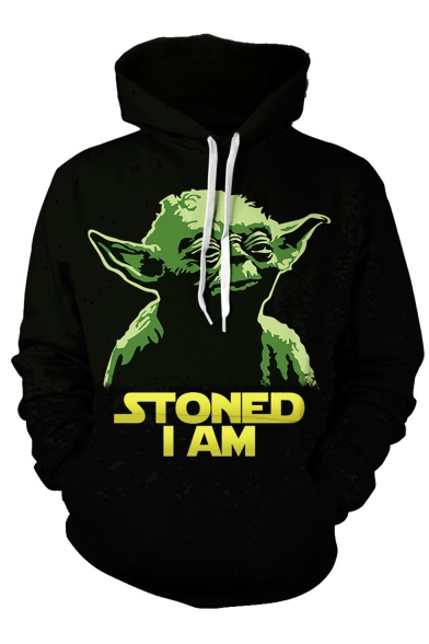 Popular Fashion Letter STONED I AM Comic Figure 3D Printed Drawstring Hooded Long Sleeve Casual Black Hoodie