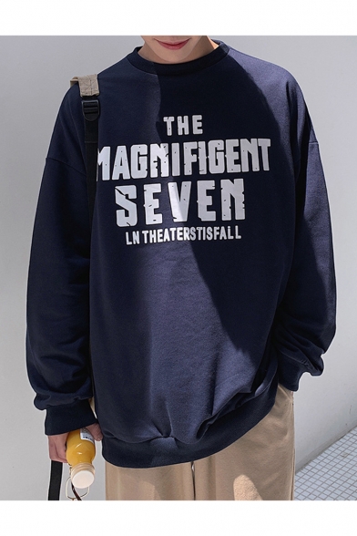 Simple Fashion Letter THE MAGNIFIGENT SEVEN Printed Long Sleeve Round Neck Casual Sports Pullover Sweatshirts