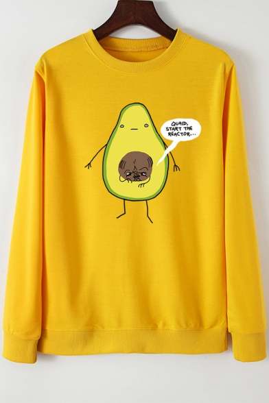 

Simple Letter Cartoon Avocado Printed Round Neck Long Sleeve Pullover Sweatshirt, Black;green;white;gray;yellow;navy, LM558650