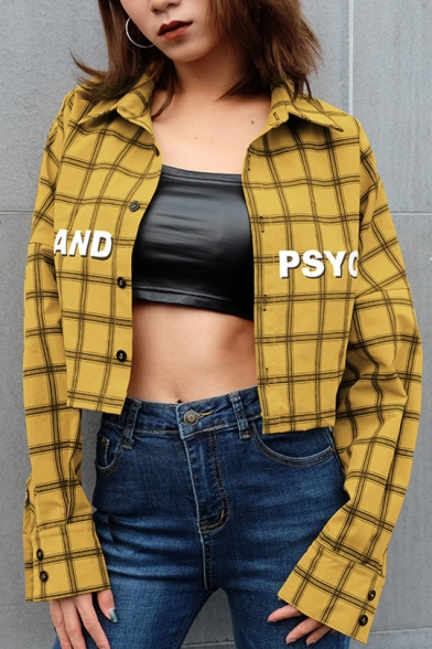 Simple Letter Psycho Print Plaid Pattern Button Down Yellow Cropped Shirt