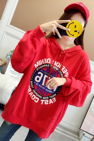 Simple NEW Letter Circle Print Cut Out Long Sleeve Loose Drawstring Hoodie